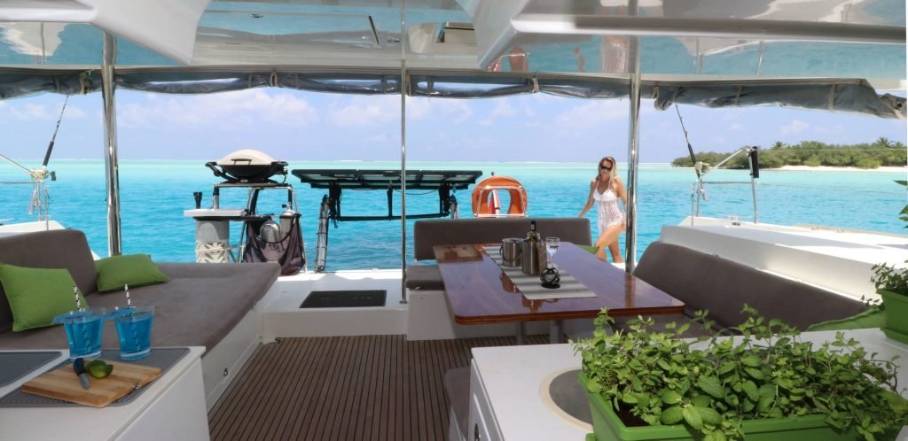 Cockpit outdoor dining lounging-area - Maldives luxury yacht charters
