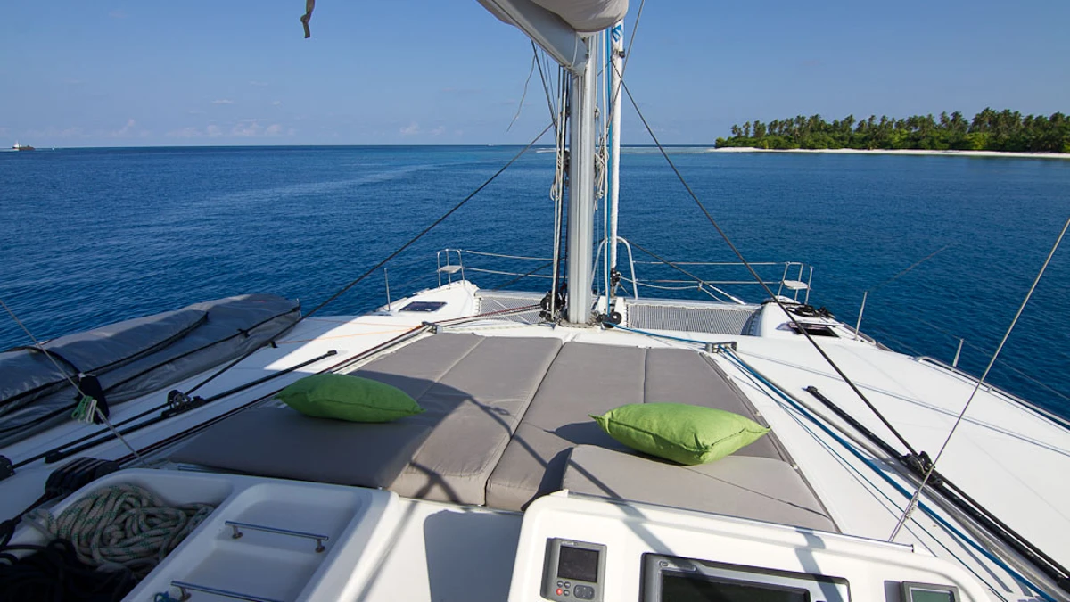 Sunbeds at the bow of the charter yacht